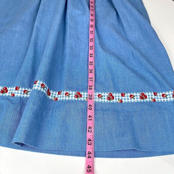 Vintage Chambray Apple Print Jumper Pinafore Dress Cottagecore Red Buttons M/L - Picture 13 of 13